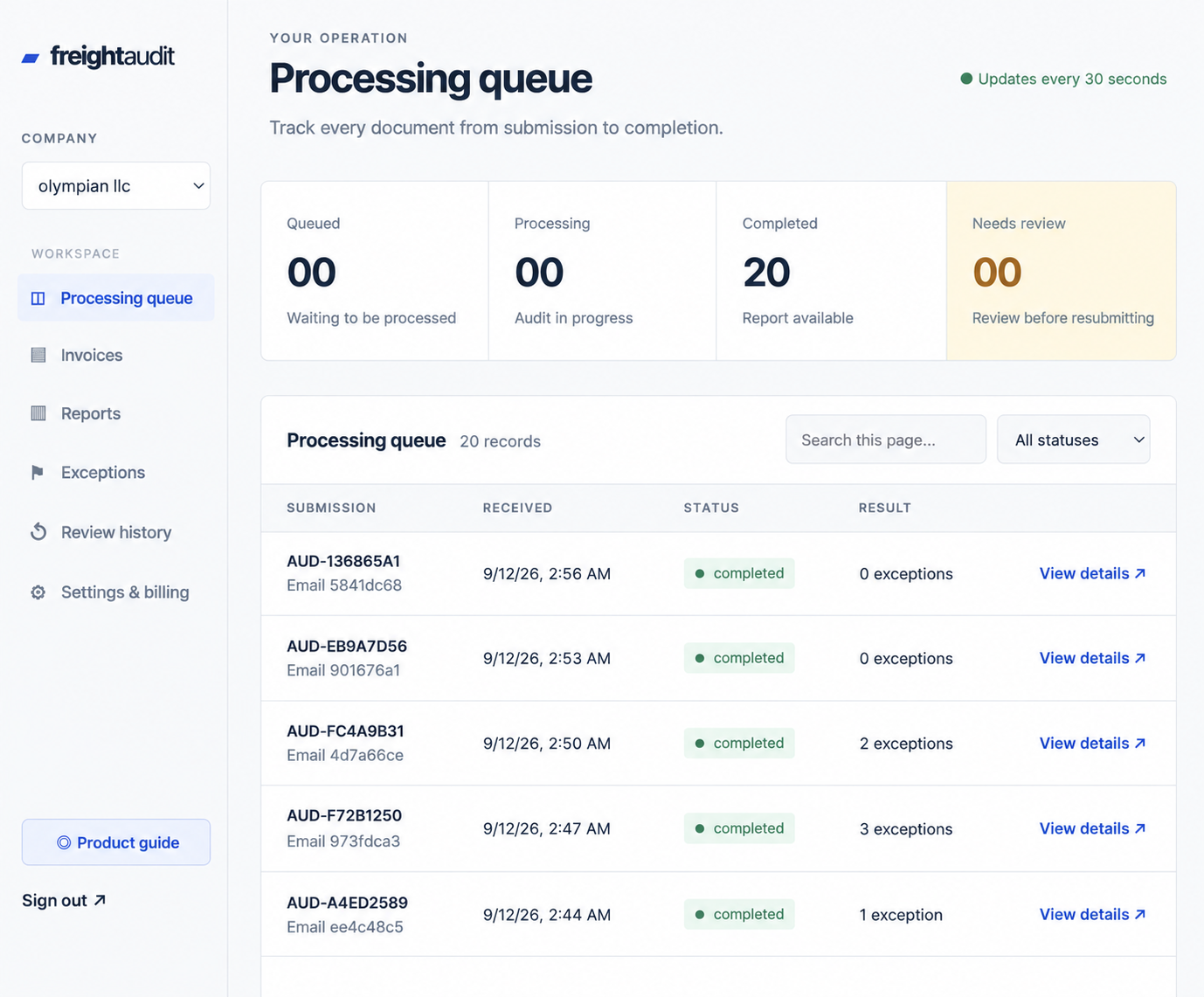 FreightAudit processing queue showing completed invoice audits